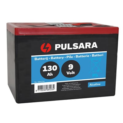 Pulsara Hybrid Alkaline 9V 130Ah lille batteri med rød top og sort kabinet, der viser 130 Ah og 9 Volt.