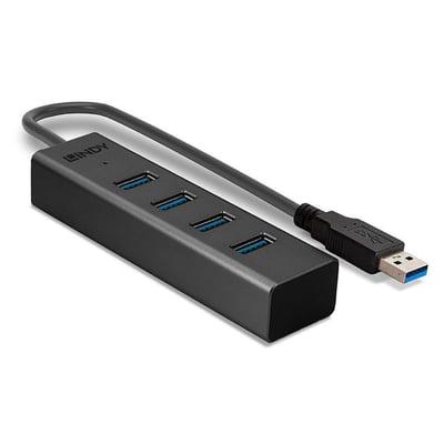 LINDY 4-port USB 3.0 Type A hub i sort med tilsluttet USB-A han-stik og fire hun-porte med blå indsatser.
