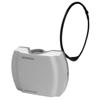 Siemens QAM2120.600 temperaturføler til kanalmontage med sort kabel og hvidt hus med Siemens logo.