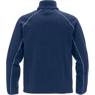 Fristads fleece jakke 4004 i mørk marin, størrelse M, vist bagfra med hvid stikning langs skuldersømmene og ærmerne.