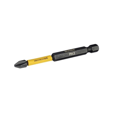 Ironside PH2-kraftbit på 75 mm med sort bitspids, gul torsionszone og sekskantet skaft.