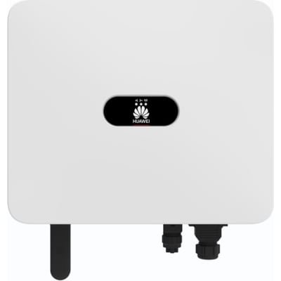 Huawei SUN2000-25K-MB0 hybrid solcelleinverter i hvidt kabinet med Huawei-logo og sorte tilslutninger forneden.