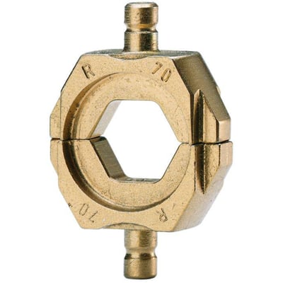 Klauke presseindsats HR46 i messing til 6 mm² kobberledninger, med indgraveret 'R 70' mærkning.