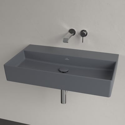 Detaljebillede af Villeroy & Boch Memento 2.0 håndvask i grå, viser den flotte firkantede form uden hanehul og med bundventil.