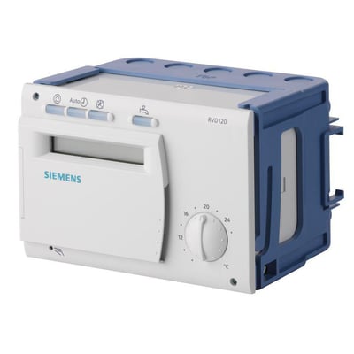 Siemens RVD120-A fjernvarme regulator med drejeknap til temperaturindstilling fra 12 til 24 grader Celsius og et display.