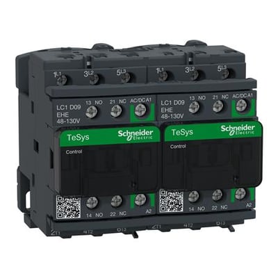 Schneider Electric revers kontaktor, LC1 D09 EHE, 9A, 48-130V AC/DC med grønne kontrolbokse.