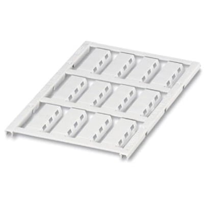 Nærbillede af et ark med 12 hvide Phoenix Contact UC-WMTBA kabelmærkeskilte, der viser detaljer om mærkernes design til 29 x 8 mm størrelse.