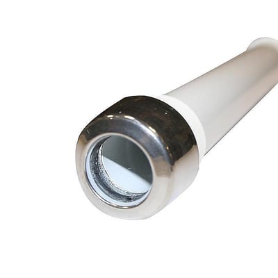 Karfa Metalindustri pakbøsning BT, 15 x 210-400 mm, med poleret dækskål og hvid plastrør på hvid baggrund.