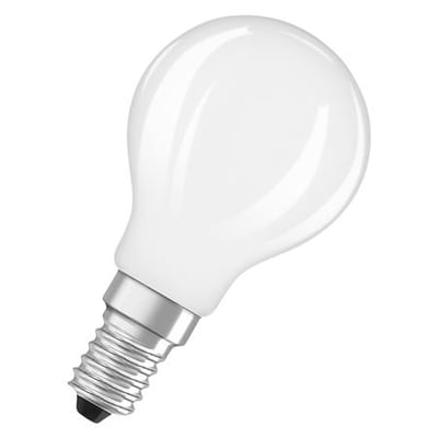 LED kronepære med en mat hvid overflade og E14-fatning, der erstatter 25W glødepærer med kun 1.8W forbrug.