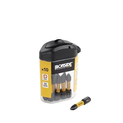 Ironside kraftbits Torx T30 på 32 mm vises ved siden af en gul og sort plastboks med bits.