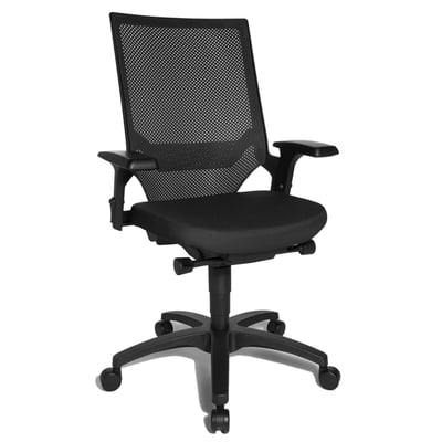 Ergonomisk sort kontorstol med mesh-ryglæn, justerbare armlæn og formstøbt sæde på en sort fembenet base med hjul.