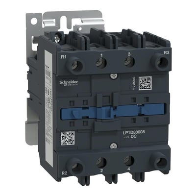 Schneider Electric TeSys D kontaktor LP1D80008 med 125A, 24VDC og 2NO-2NC kontakter, fremstillet i mørkegrå plast med blå betjeningsknapper og metalmonteringsbeslag.