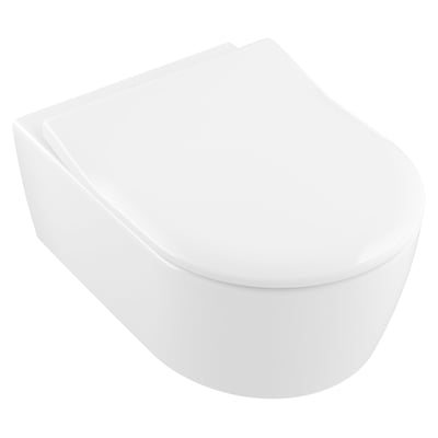 Hvidt, væghængt Villeroy & Boch Avento-toilet med lukket sæde og glat, afrundet skålform.