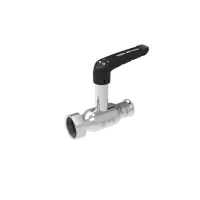 VSH XPress ventil i rustfrit stål med G3/4" udvendig gevind og 18mm preskobling, sort håndtag med blå detalje.