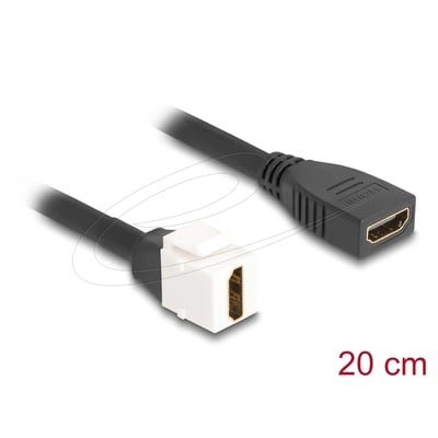 DeLock HDMI 2.1-keystone-modulkabel på 20 cm med sort kabel, hvide modulhus og HDMI-hunstik i begge ender.