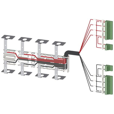 Siemens 3KC9 strømkabel med 4 poler og 630A kapacitet. Visuelt diagram viser kabelføring med røde og sorte ledere til grønne terminalblokke.
