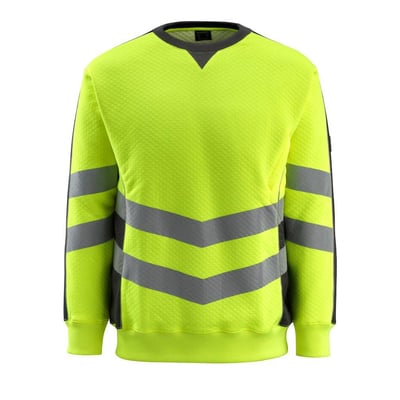 Helkropsbillede af en Mascot Wigton HI-VIS sweatshirt i gul med grå detaljer og reflekser på hvid baggrund.