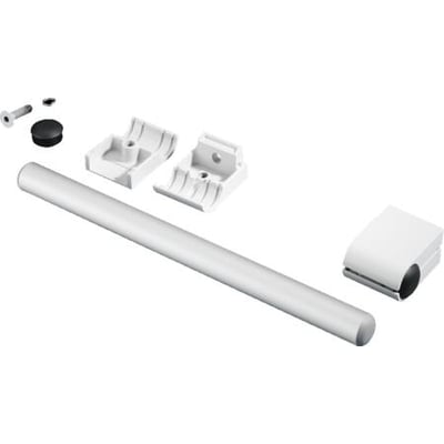 Rittal Håndtagssæt SZ, komplet med et hvidt rundt håndtag, to hvide monteringsbeslag og diverse skruer på en hvid baggrund.