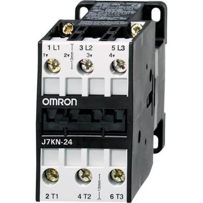 Omron J7KN-40 3-polet kontaktor med 40A, 18,5kW AC-3 og 24 VAC spole på hvid baggrund.