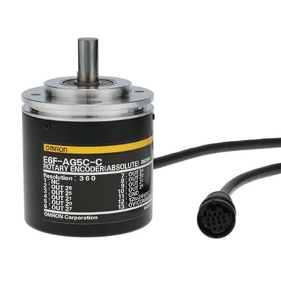 Omron E6F-AG5C-C absolut encoder med 360 sider, 8-bit, 2 meter kabel og H8PS-stik på hvid baggrund.