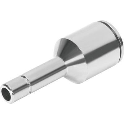 Festo lige-forbindelse indstik NPQM-D-Q6-S4-P10, en metalfittings med et smalt indløb og en bredere udgang.