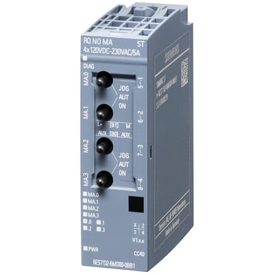 Siemens SIMATIC ET 200SP relæmodul, RQ NO-MA ST, normal åben med manuel aktivering og 4x 120VDC-230VAC/5A terminaler.