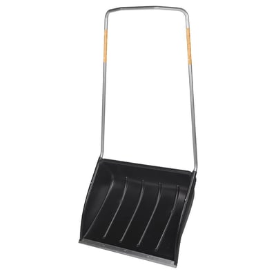 Fiskars Snowexpert sneslæde med robust stålskaft og sort plastbakke, fotograferet isoleret på hvid baggrund.