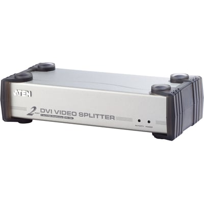 ATEN DVI-splitter VS-162 med to DVI-I Single Link porte og mulighed for højtalere, i sølvfarvet metal og sort plast.