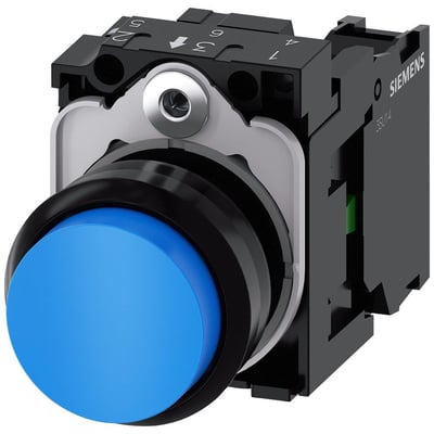 Siemens Sirius Act 22mm trykknap i blå plast med momentan kontakt og 1 NO skrueklemme monteringsenhed.