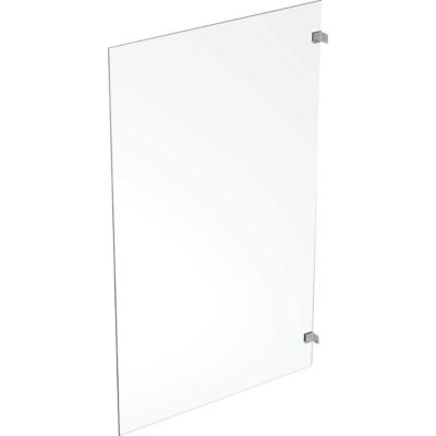 Ifö Showerama Art brusevæg set fra siden, viser de to sølvfarvede beslag og det 900 mm brede klare glas.