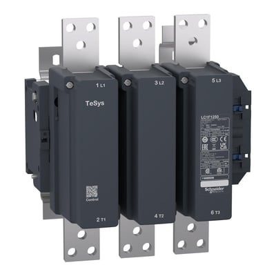 Schneider Electric TeSys F kontaktor, 1250A, 3-polet (3NO) uden spole, med boltterminaler, vist i en 3/4 vinkel på hvid baggrund.