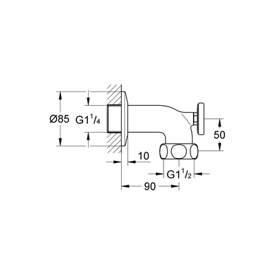 Teknisk tegning af Grohe Lahr afgangsbøjning med mål, der viser 90 mm fremspring og G1 1/4" x G1 1/2" tilslutningsstørrelser.