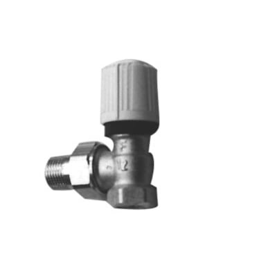 Herz nl reguleringsventil med 1/2" dimension i vinkelløbende design med hvidt greb til manuel varmeregulering.