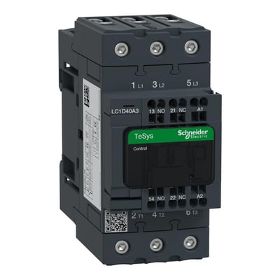 Schneider Electric TeSys D kontaktor, 40A, 3-polet med 1 NO og 1 NC hjælpekontakt, 24VAC spole, vist i grå og sort plast.