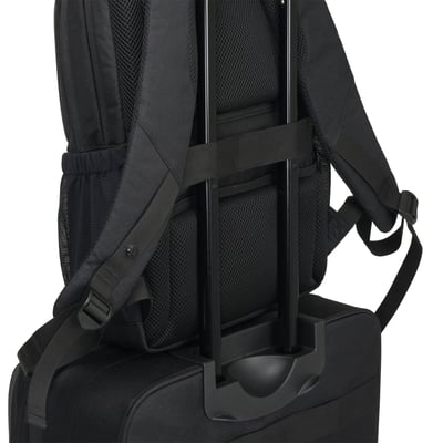 Sort Dicota Eco Backpack SCALE til 15–17,3” set bagfra med polstrede stropper og fastgørelse til kuffert.