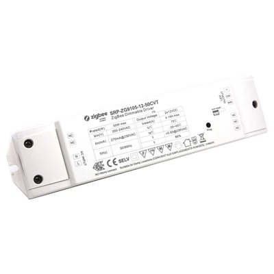 Hvid Envilar Zigbee LED-driver til 12 V CCT-LED-strips med indbygget strømforsyning, vist skråt fra siden.