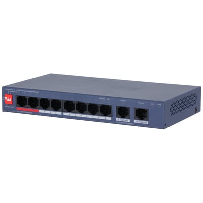 Dahua 10-ports cloudstyret desktop-switch med 8 PoE-porte, 2 uplinkporte og 110 W PoE-budget, set skråt forfra.