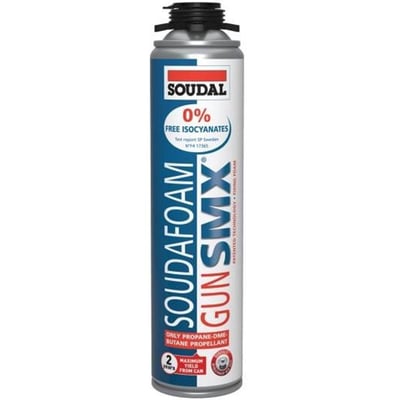 Frontvisning af Soudal Soudafoam SMX 500ml pistol skumfuge dåse med klar tekst og blå/hvid/rød grafik.