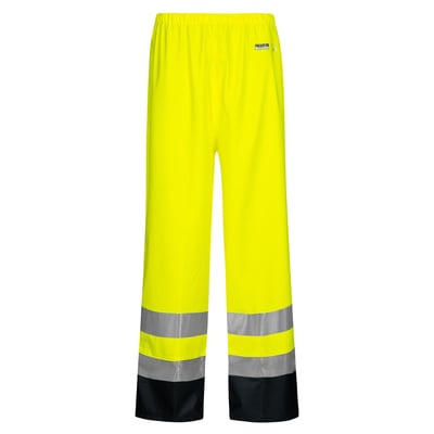 Lyngsøe Rainwear brandhæmmende hi-vis regnbukser i størrelse S, set forfra med gul overdel og refleksbånd ved benene.