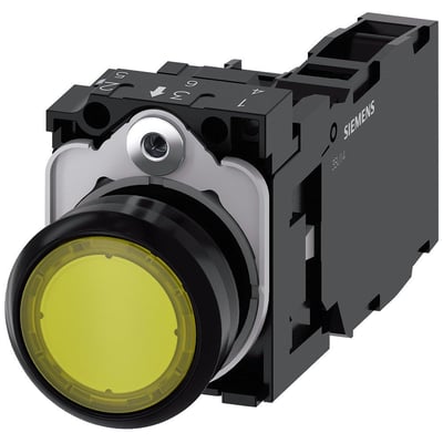 Siemens 22mm oplyst trykknap i gul med 1 NO/1 NC kontakt og skrueklemme, vist på hvid baggrund.