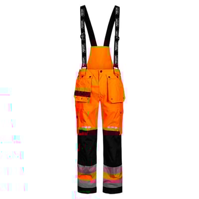 Lyngsøe Hiviz regnbuks FOX9057 i orange, str. 4XL, med sorte seler og reflekser ved anklerne.
