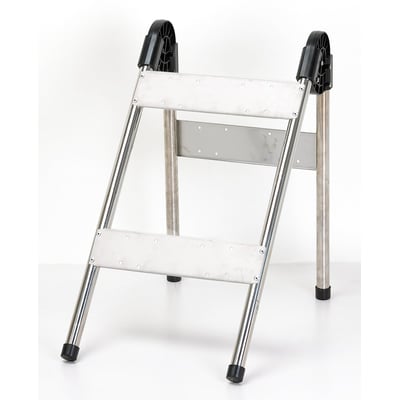 Bærbart Wexim stativ i rustfrit stål til projekttavler med sorte gummi fødder og sorte monteringsdele til tavle.