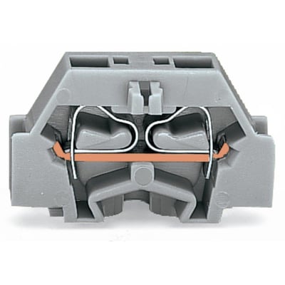 Frontvisning af Wago 2,5mm² 2-leder miniklemme i grå med synlig CAGE CLAMP-mekanisme.
