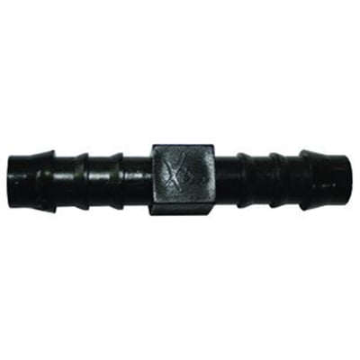 Aspen lige samlenippel på 10 mm i sort plast med riflede slangetilslutninger i begge ender.