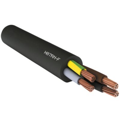 Sort gummikabel GKDOJ H07RN-F 5G16mm² med fem synlige kobberledere, herunder en gul/grøn jordleder, grå, sort og brun leder.
