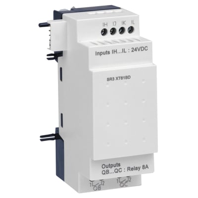 Schneider Electric Zelio Logic SR3 XT61BD udvidelsesmodul, viser 24V DC input og 8A relæ output terminaler for montering på DIN-skinne.