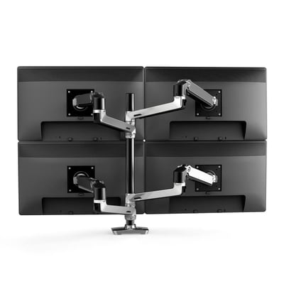 ERGOTRON LX Dual Stacking Arm med høj stang, sorte detaljer og poleret finish bærer fire skærme i to rækker.