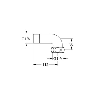 Teknisk tegning af Grohe tilslutningsvinkel med dimensioner, der angiver 112mm, 50mm samt gevindstørrelser G1 1/4 og G1 1/2.