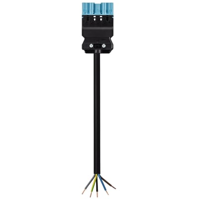 Detaljeret billede af Wieland GST18I5 5-polet kabel, viser den blå han-stikside med mærkning og afisolerede ledninger.