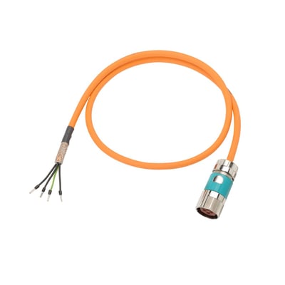 Siemens 4X4.0 C UL/CSA Desina motion-connect 500 power kabel med orange kappe og krom-finish stik med blå detaljer.